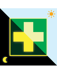 Extra lichtgevende EHBO sticker, E003, groen wit, vierkant, symbool ehbo wit kruis
