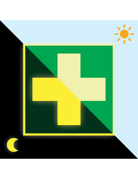 Extra lichtgevende EHBO sticker, E003, groen wit, vierkant, symbool ehbo wit kruis