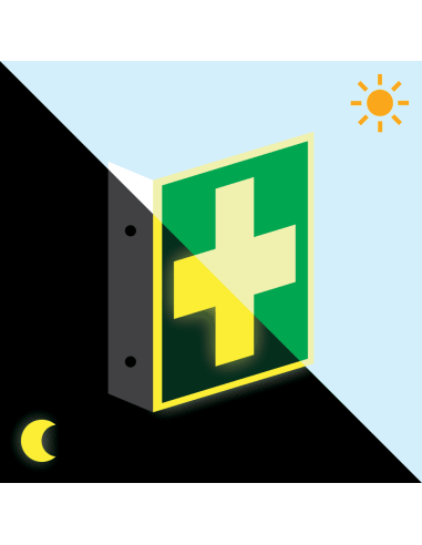 Extra lichtgevend haaks EHBO bord, kunststof, E003, groen wit, symbool EHBO, wit kruis, vierkant, ISO 7010