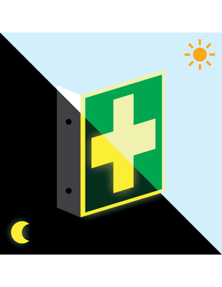 Extra lichtgevend haaks EHBO bord, kunststof, E003, groen wit, symbool EHBO, wit kruis, vierkant, ISO 7010