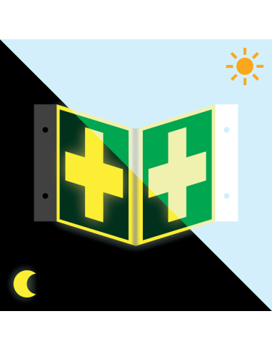 Extra lichtgevend panorama EHBO bord, kunststof, E003, groen wit, symbool wit kruis