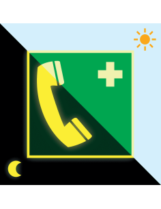 Extra lichtgevende noodtelefoon sticker, 200 x 200 mm, E004, groen wit, symbool noodtelefoon, vierkant, ISO 7010