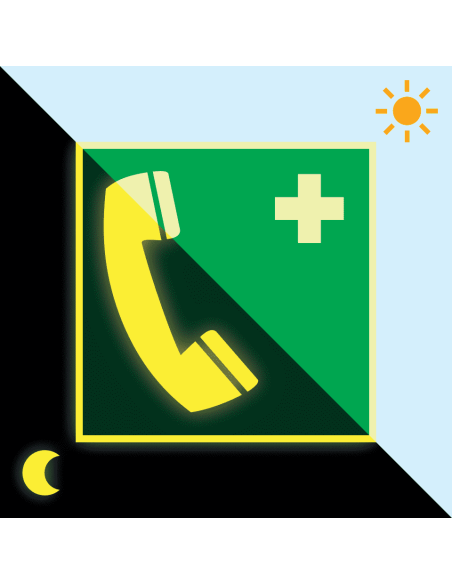 Extra lichtgevende noodtelefoon sticker, 200 x 200 mm, E004, groen wit, symbool noodtelefoon, vierkant, ISO 7010