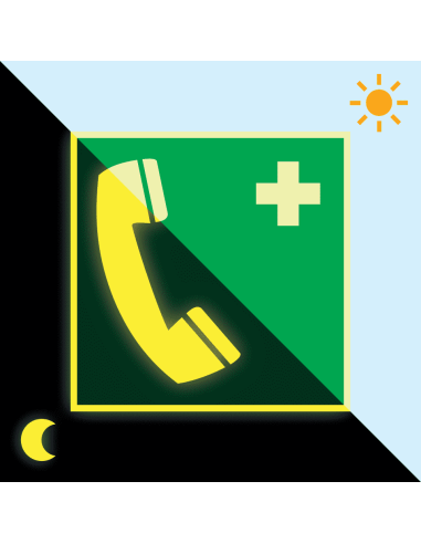 Extra lichtgevend noodtelefoon bord, 200 x 200 mm, E004, groen wit, symbool noodtelefoon, vierkant, ISO 7010