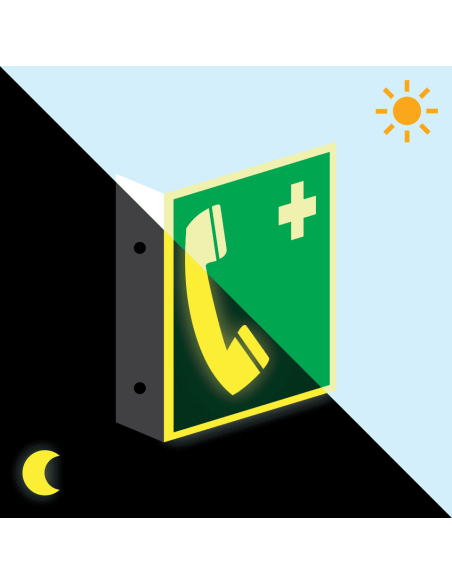Extra lichtgevend haaks noodtelefoon bord, E004, groen wit, symbool noodtelefoon, vierkant, ISO 7010