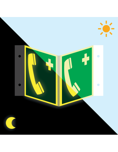 Extra lichtgevend panorama noodtelefoon bord, E004, groen wit, symbool noodtelefoon, vierkant, ISO 7010