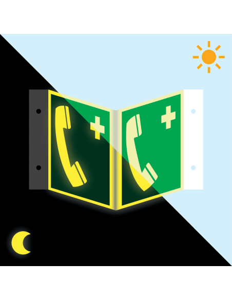 Extra lichtgevend panorama noodtelefoon bord, E004, groen wit, symbool noodtelefoon, vierkant, ISO 7010