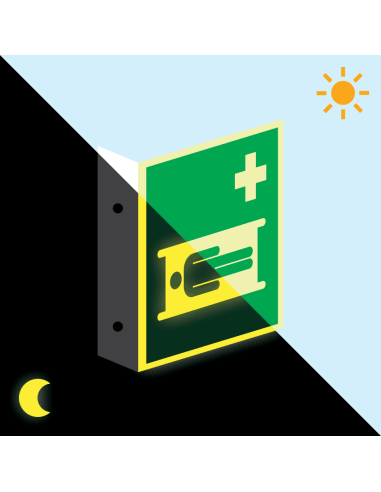 Extra lichtgevend haaks brancard bord, kunststof, E013, groen wit, vierkant