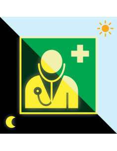 Extra lichtgevend dokter bord, kunststof, E009, vierkant, groen wit, ISO 7010