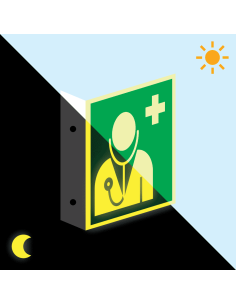 Extra lichtgevend haaks dokter bord, kunststof, E009, ISO 7010, vierkant, dokter symbool