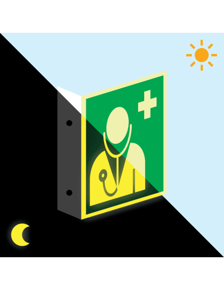 Extra lichtgevend haaks dokter bord, kunststof, E009, ISO 7010, vierkant, dokter symbool