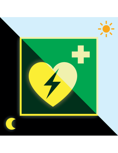 Extra lichtgevende AED sticker, E010, groen wit, ISO 7010, vierkant, pictogram AED