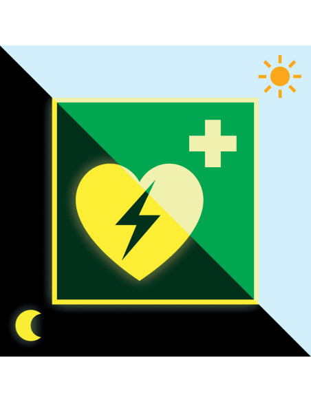 Extra lichtgevende AED sticker, E010, groen wit, ISO 7010, vierkant, pictogram AED