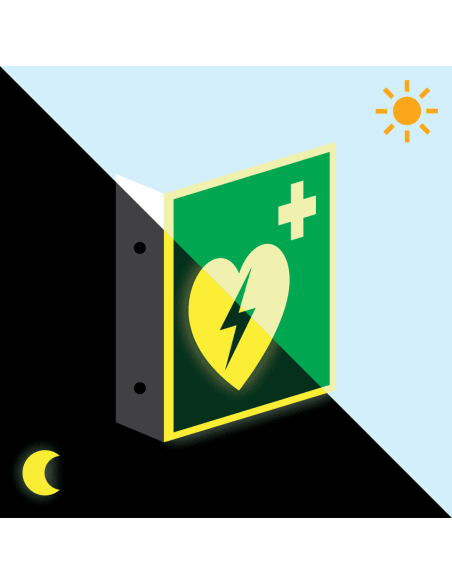 Extra lichtgevend haaks AED bord, kunststof, E010, groen wit, symbool AED