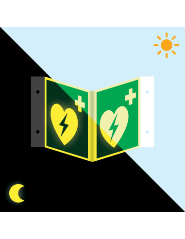 Extra lichtgevend panorama AED bord, kunststof, E010, groen wit, symbool aed