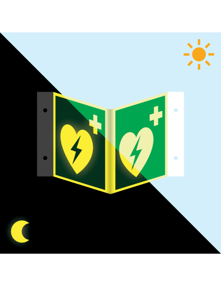 Extra lichtgevend panorama AED bord, kunststof, E010, groen wit, symbool aed