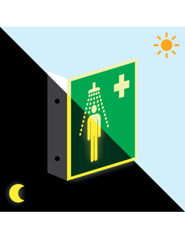 Extra lichtgevend haaks nooddouche bord, kunststof, E012, groen wit, vierkant