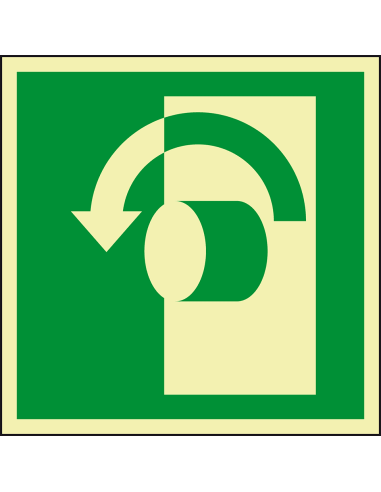 Lichtgevende nooduitgang bord pictogram deur openen naar links draaien, ISO 7010, E018, groen wit, vierkant