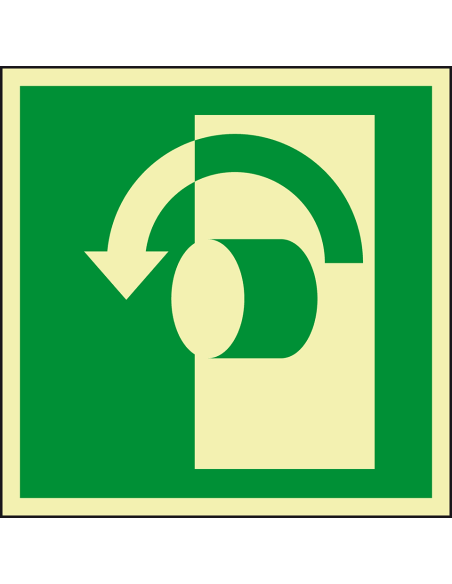 Lichtgevende nooduitgang bord pictogram deur openen naar links draaien, ISO 7010, E018, groen wit, vierkant