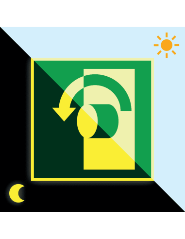 Lichtgevende nooduitgang bord pictogram deur openen naar links draaien, ISO 7010, E018, groen wit, vierkant