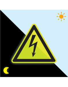 Extra lichtgevend elektrische spanning bord, geel zwart, driehoekig, symbool elektriciteit
