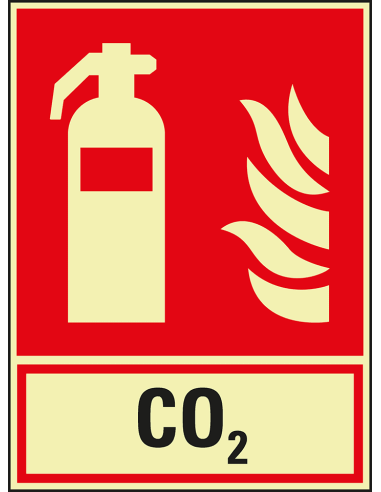 Extra lichtgevend CO2 blusser bord, rood wit, rechthoekig, symbool blusser met tekst CO2