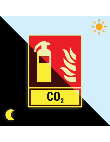 Extra lichtgevend CO2 blusser bord, aluminium rood wit, rechthoekig, symbool blusser met tekst CO2