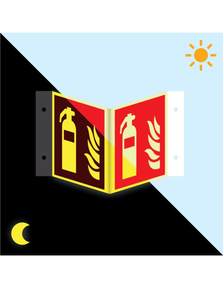 Lichtgevend panorama brandblusser bord, aluminium, 400 x 200 mm, F001, rood wit, pictogram brandblusser, vierkant