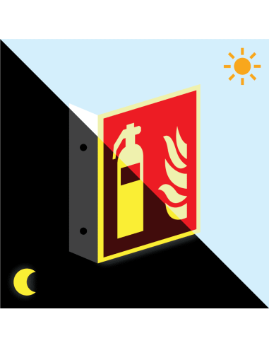 Extra lichtgevend haaks brandblusser bord, aluminium, 150 x 150 mm, F001, rood wit, pictogram brandblusser, vierkant