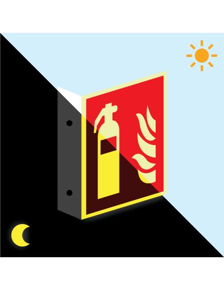 Extra lichtgevend haaks brandblusser bord, aluminium, 150 x 150 mm, F001, rood wit, pictogram brandblusser, vierkant