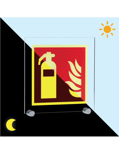 Extra lichtgevend brandblusser bord - acryl - F001, rood wit, vierkant, symbool brandblusser met vlam