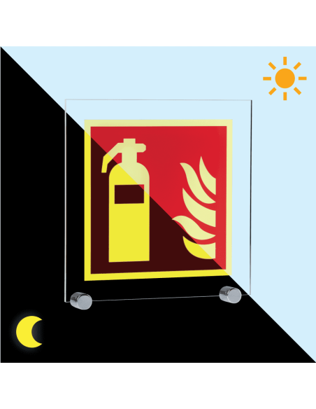 Extra lichtgevend brandblusser bord - acryl - F001, rood wit, vierkant, symbool brandblusser met vlam