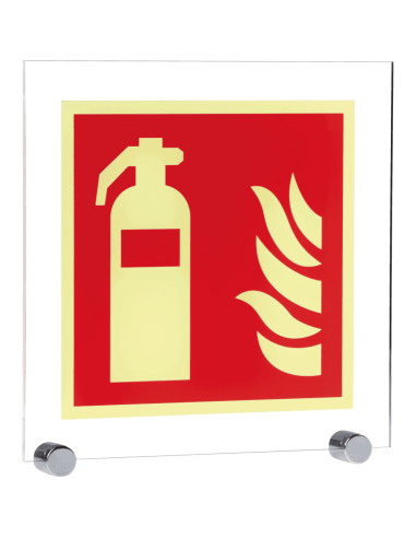 Extra lichtgevend brandblusser bord - acryl - F001, rood wit, vierkant, symbool brandblusser met vlam