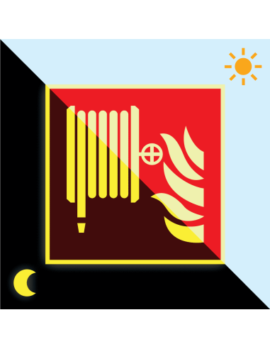 Extra lichtgevend brandslang bord, kunststof, 200 x 200 mm, rood wit, symbool brandslanghaspel, vierkant, ISO 7010