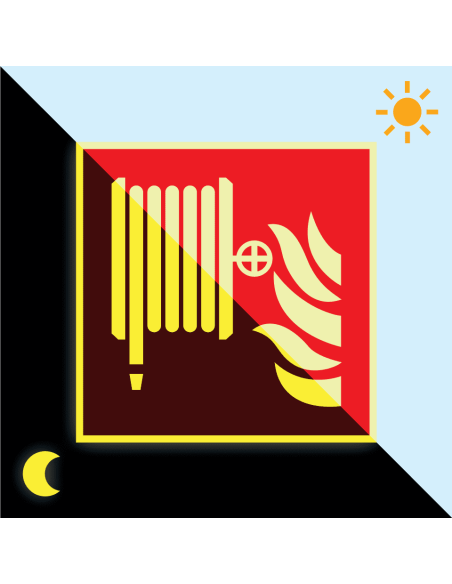 Extra lichtgevend brandslang bord, aluminium, 200 x 200 mm, F002, rood wit, symbool brandslanghaspel, vierkant, ISO 7010