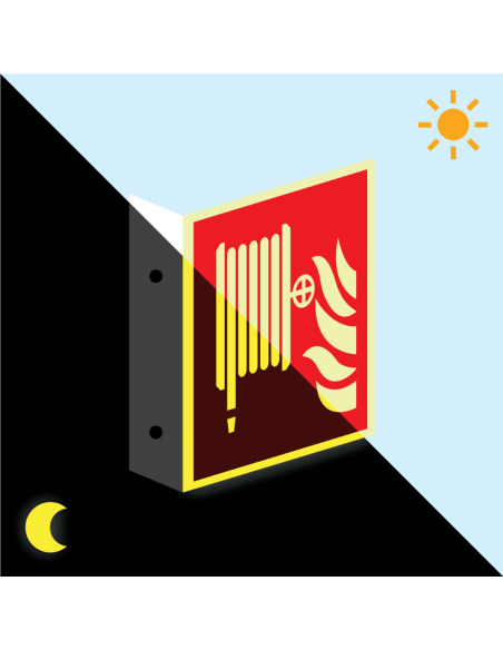 Extra lichtgevend haaks brandslang bord, kunststof, F002, rood wit, vierkant, symbool brandslanghaspel