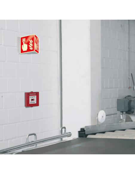 Lichtgevend panorama brandblusser bord, aluminium, F005, rood wit, pictogram brandblusser, vierkant, ISO 7010