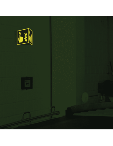 Lichtgevend panorama brandblusser bord, aluminium, F005, rood wit, pictogram brandblusser, vierkant, ISO 7010