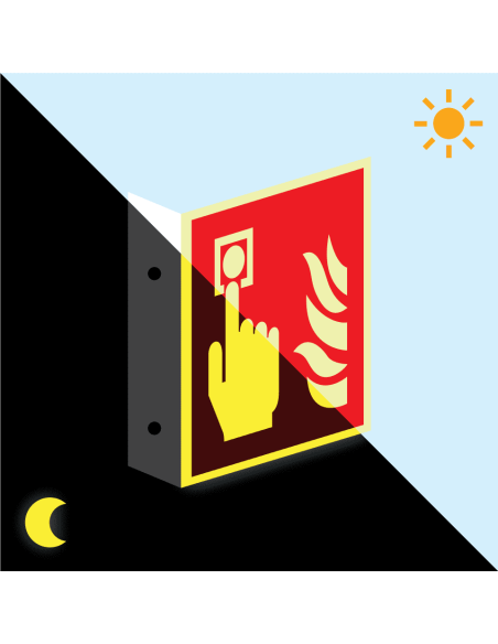 Lichtgevend haaks brandmelder bord, 200 x 200 mm, aluminium F005, rood wit, pictogram brandmelder, haaks, ISO 7010