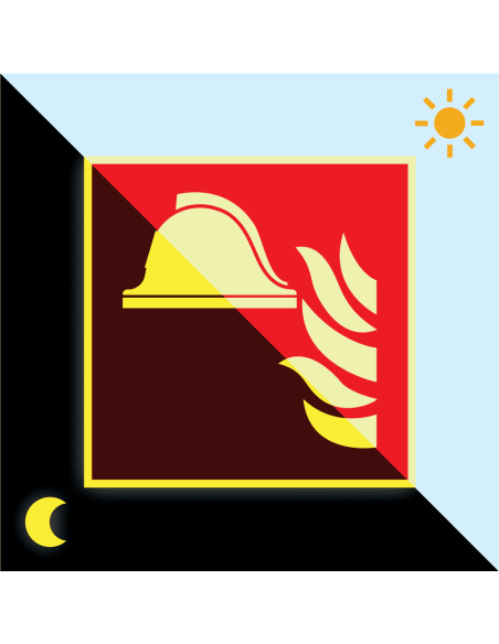 Extra lichtgevende materiaalopslag sticker, 200 x 200 mm, F004, rood wit, pictogram brandweerhelm met vuur, vierkant, ISO 7010