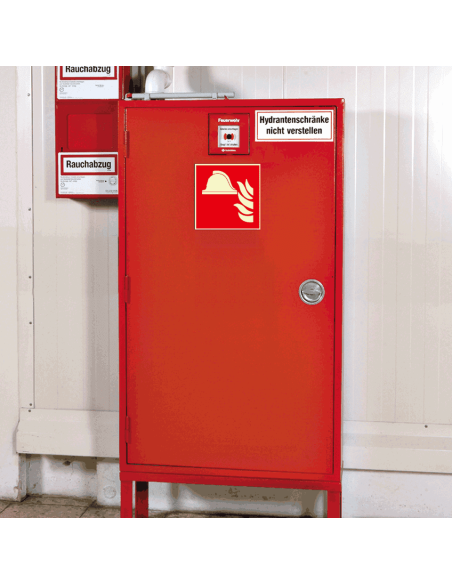 Extra lichtgevende materiaalopslag sticker, 200 x 200 mm, F004, rood wit, pictogram brandweerhelm met vuur, vierkant, ISO 7010