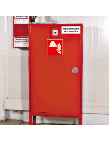 Lichtgevend materiaalopslag brandbestrijding bord, aluminium, F004, rood wit, pictogram brandweerhelm vuur, vierkant, ISO 7010