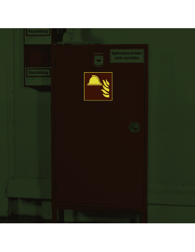 Lichtgevend materiaalopslag brandbestrijding bord, aluminium, F004, rood wit, pictogram brandweerhelm vuur, vierkant, ISO 7010