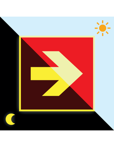 Extra lichtgevende brand richtingspijl sticker, 200 x 200 mm, A090R, rood wit, symbool pijl, vierkant