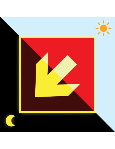 Lichtgevend brand richtingspijl bord schuin, A045R, rood wit, symbool schuine pijl, vierkant