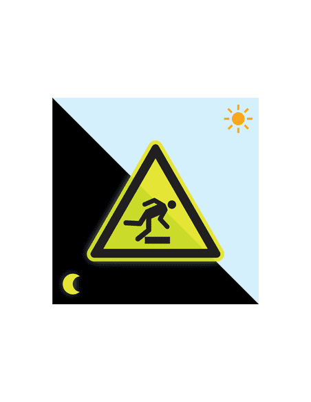 Extra lichtgevende struikelgevaar sticker - W007, geel zwart, driehoekig, struikelgevaar in gele driehoek