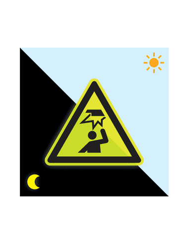 Extra lichtgevende waarschuwingssticker stootgevaar - W020, geel zwart, driehoekig, stootgevaar in gele driehoek