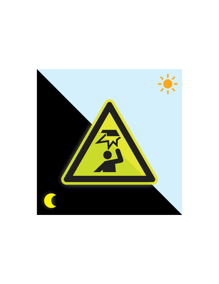 Extra lichtgevende waarschuwingssticker stootgevaar - W020, geel zwart, driehoekig, stootgevaar in gele driehoek