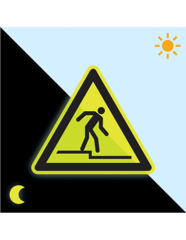 Extra lichtgevende pas op afstap sticker - W070, geel zwart, driehoekig, pas op afstap in gele driehoek