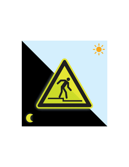 Extra lichtgevend pas op afstap bord - kunststof - W070, geel zwart, driehoekig, pas op afstap in gele driehoek